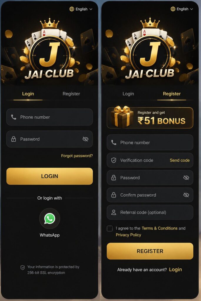 jai club game login page on mobile screen