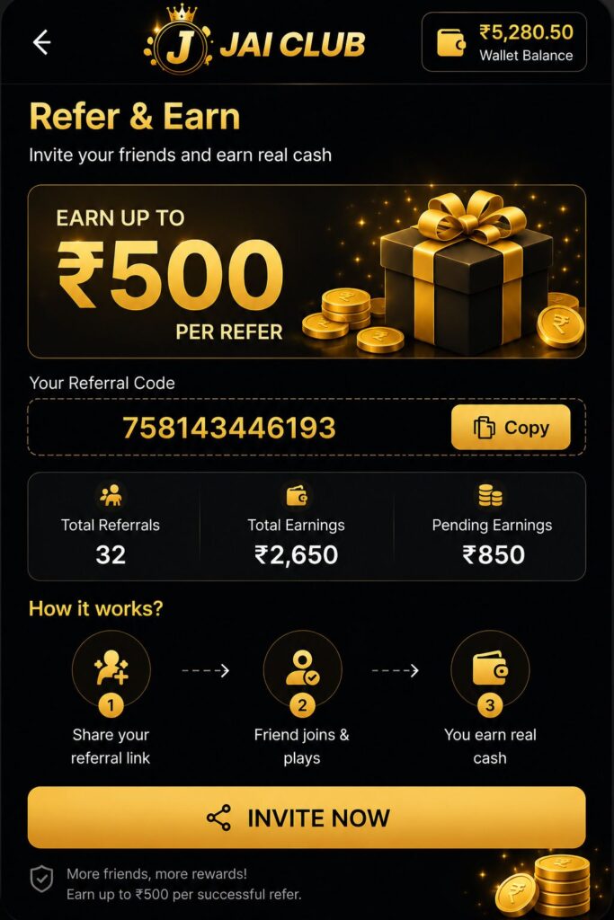 jai club refer & earn page with referral bonus