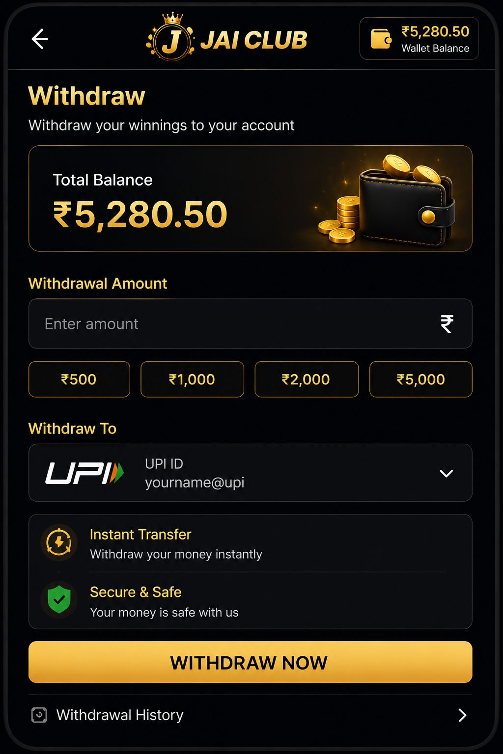 jai club withdrawal page with UPI payment option